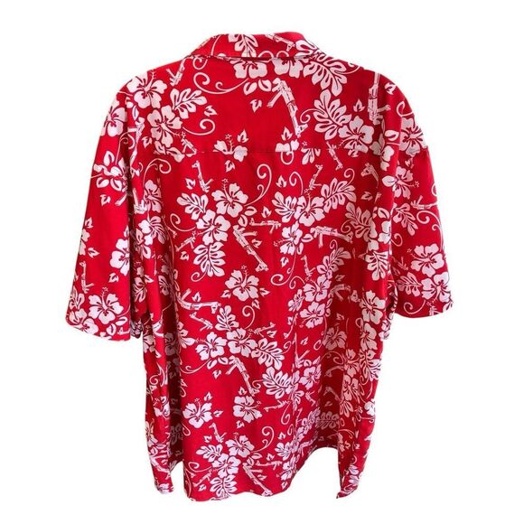 Retro Rifle Shirt Mens 3xl Red Floral Hawaiian Guns Aloha Stretch Button Up - Picture 2 of 4